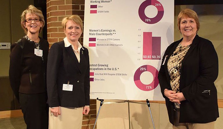 Women Standing In Front Of An Infographic